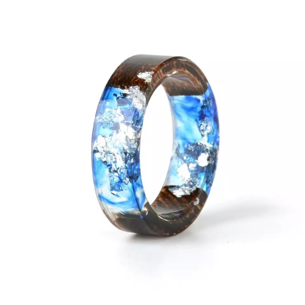 Beautiful Resin Ring Blue Foil Wood look